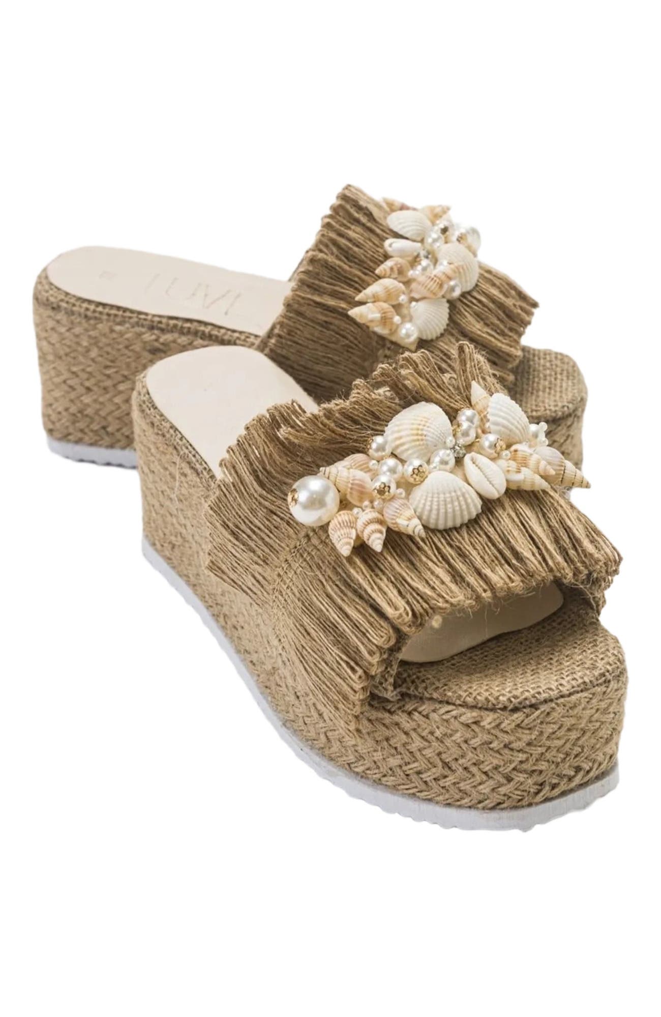 Prologue Shoes Dion Raffia Seashell Wedge Mules, Main, color, 
