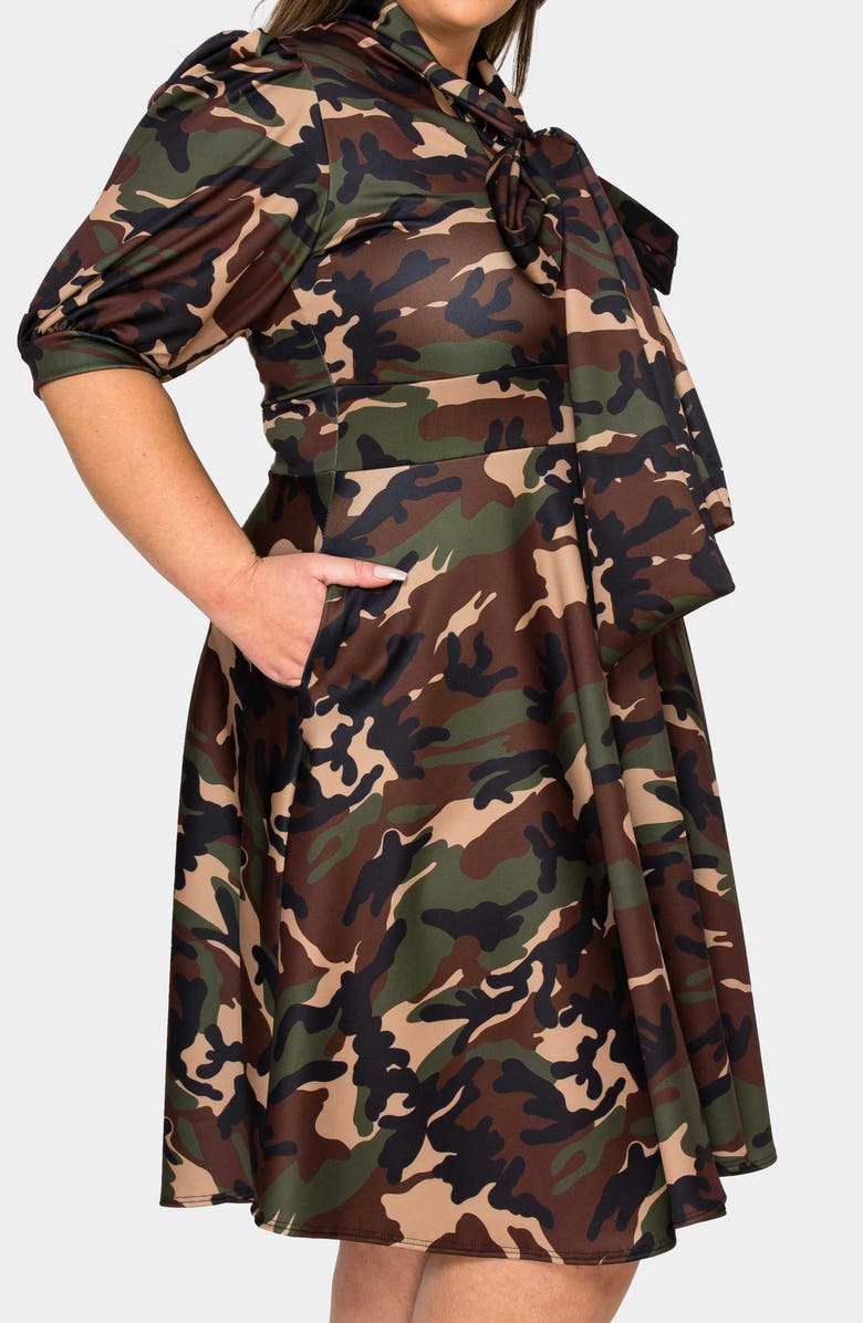 L I V D Outlaw Camo Tie Neck Flare Dress, Alternate, color, 
