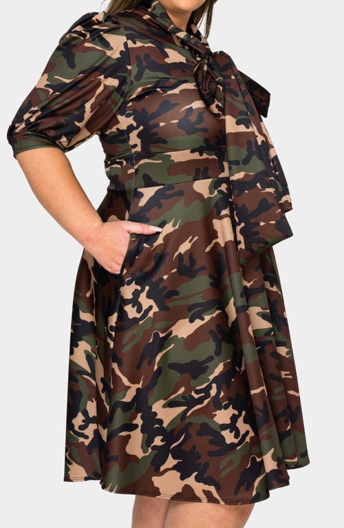 L I V D Outlaw Camo Tie Neck Flare Dress In Camo
