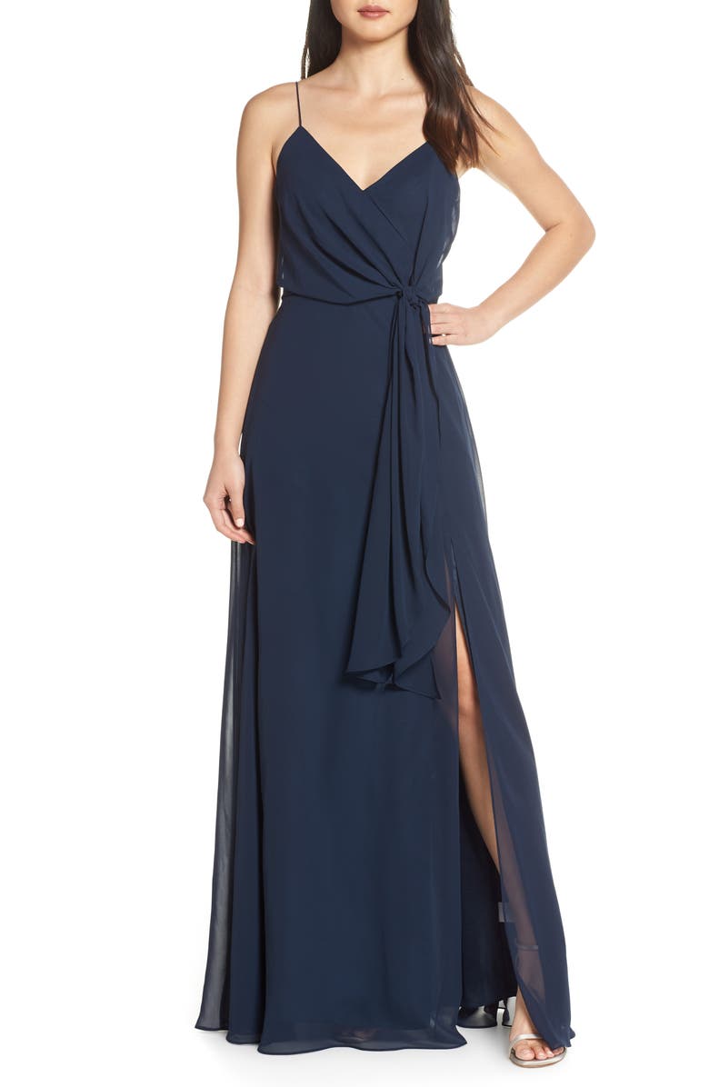Jenny Yoo Amara Chiffon Overlay V-Neck Evening Dress, Main, color, 
