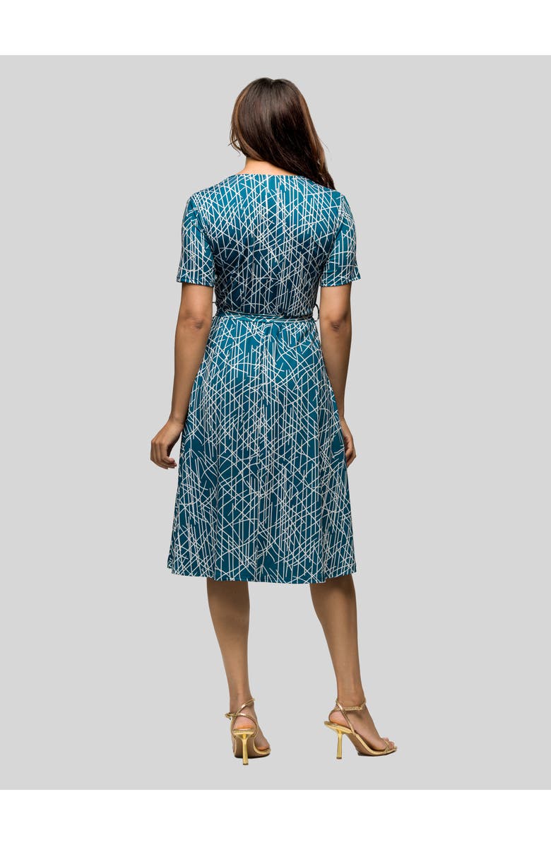24seven Comfort Apparel Teal Print Short Sleeve Tie Waist Midi Dress, Alternate, color,