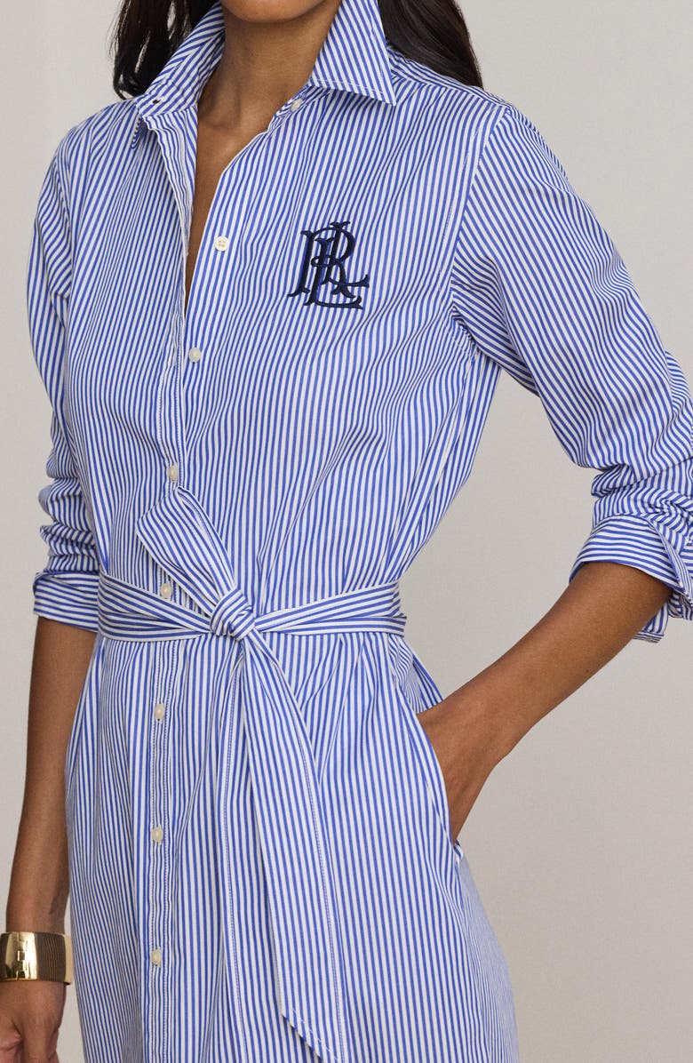 Lauren Ralph Lauren Amity Embroidered Logo Stripe Long Sleeve Cotton Midi Shirtdress, Alternate, color, Blue/ White