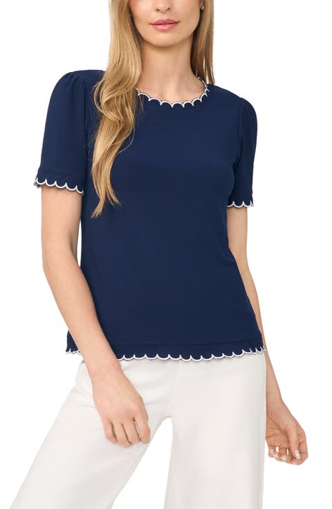 Scallop Trim Puff Sleeve Knit Top