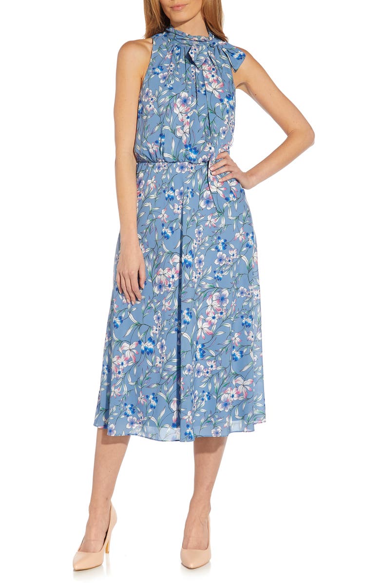 Adrianna Papell Floral Tie Neck Chiffon Midi Dress, Main, color, 