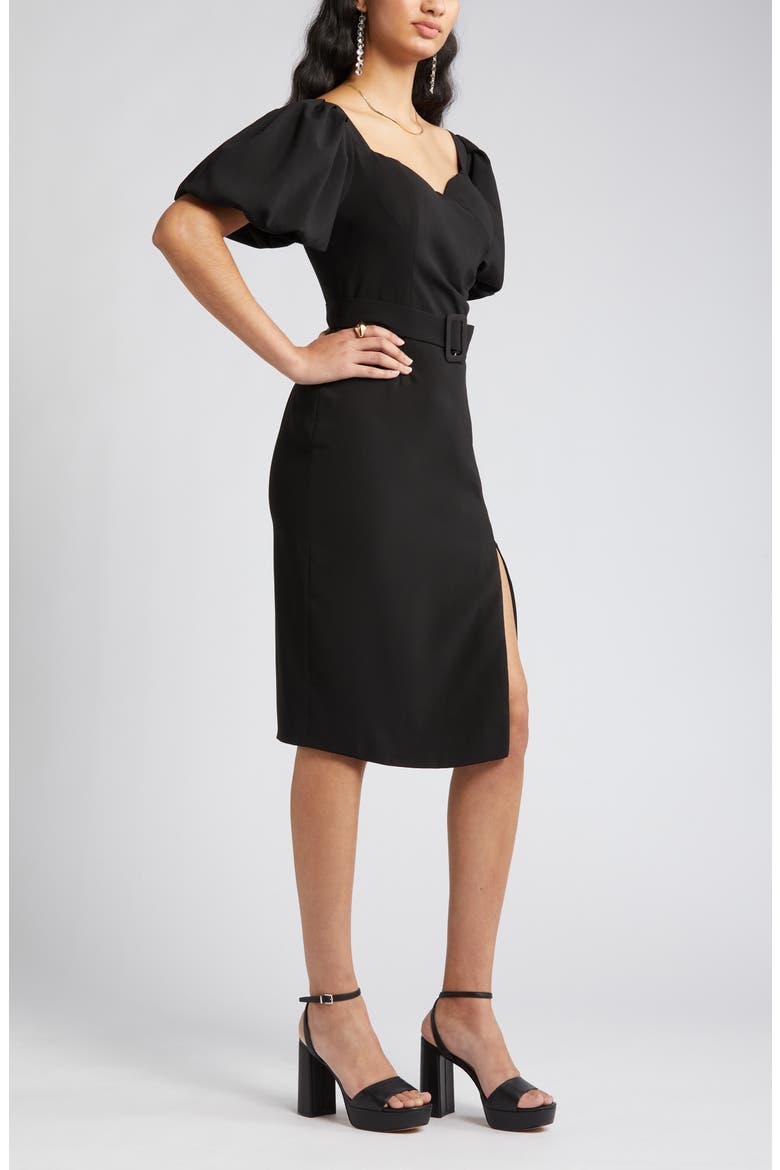 Bonnie Puff Sleeve Belted Sheath Dress, Alternate, color, BLACK