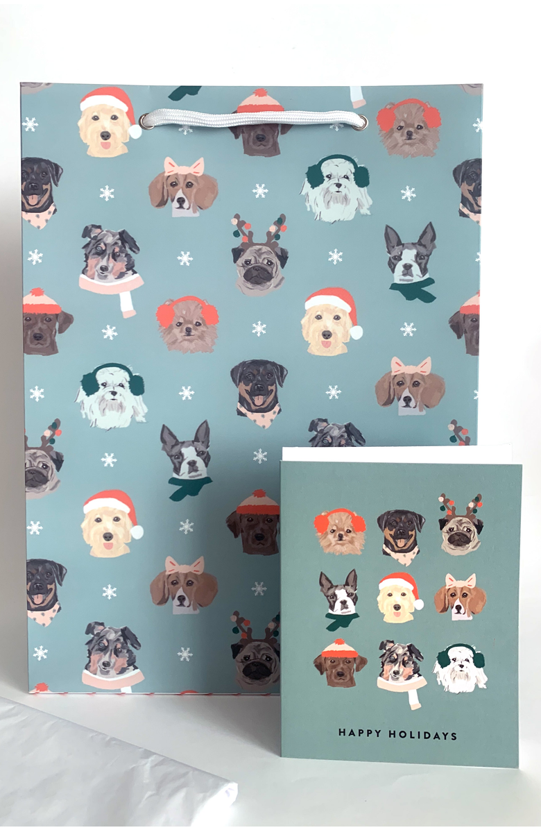Joy Paper Co. Holiday Dogs Gift Bag Card Set, Main, color, Festive Red And Green