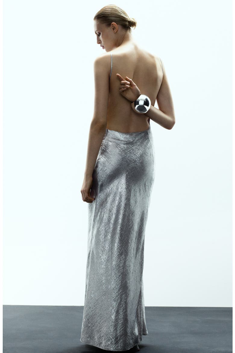 x Kaia Gerber Metallic Open Back Gown, Alternate, color, SILVER