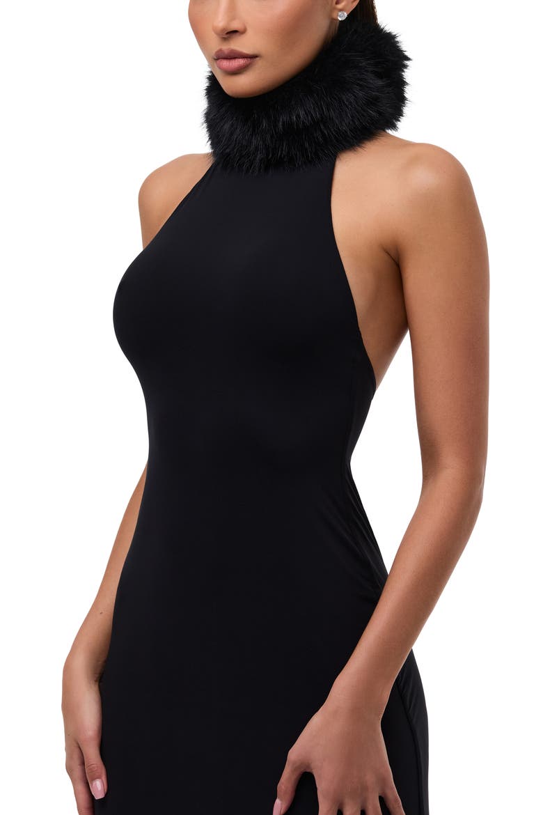 Halter Dress with Removable Faux Fur Collar, Alternate, color, BLACK