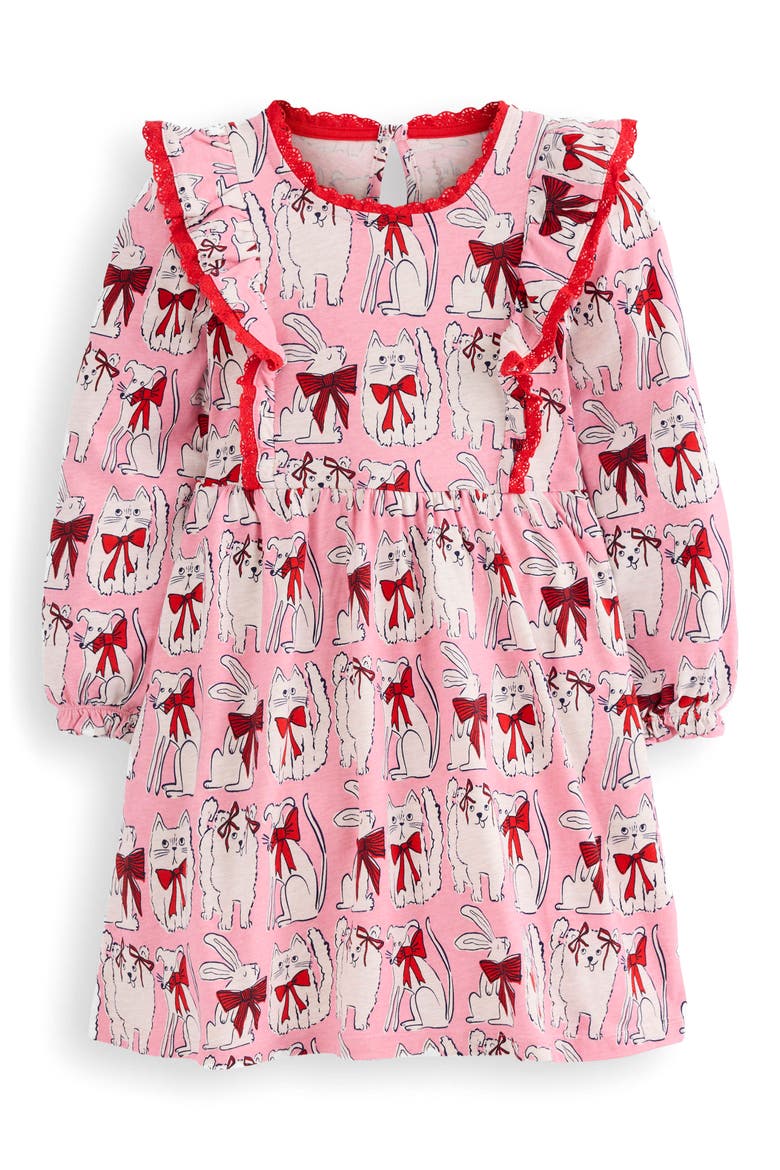 Kids' Pets Print Ruffle Long Sleeve Cotton Jersey Dress, Main, color, BUBBLEGUM PINK FAVOURITE PETS
