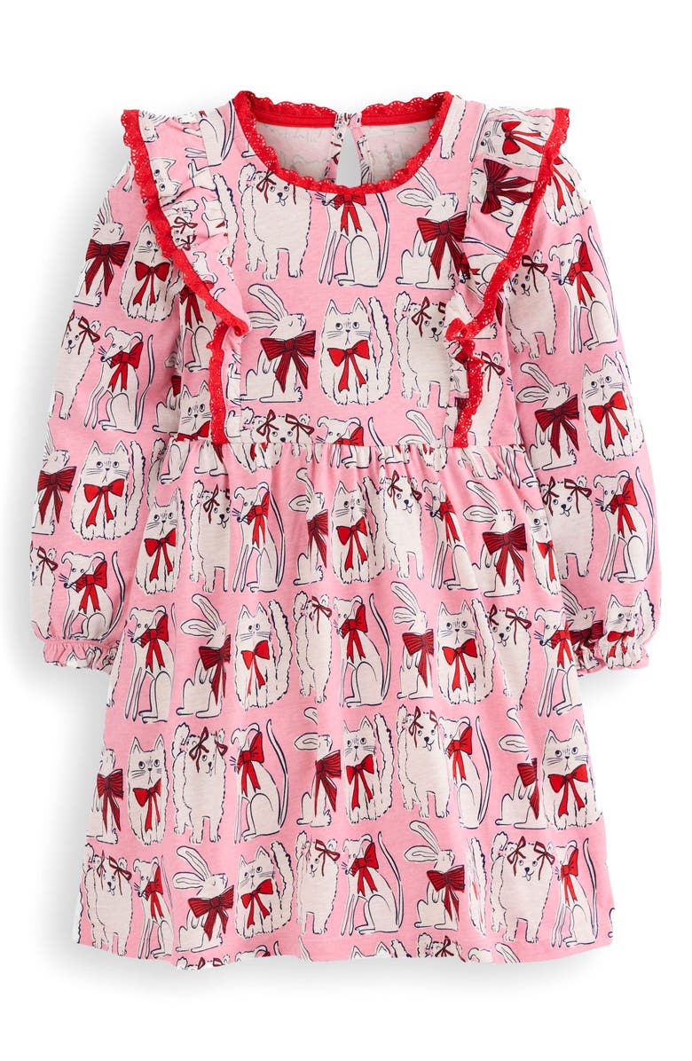 Mini Boden Kids' Pets Print Ruffle Long Sleeve Cotton Jersey Dress, Main, color, Bubblegum Pink Favourite Pets