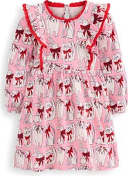 Mini Boden Kids' Pets Print Ruffle Long Sleeve Cotton Jersey Dress