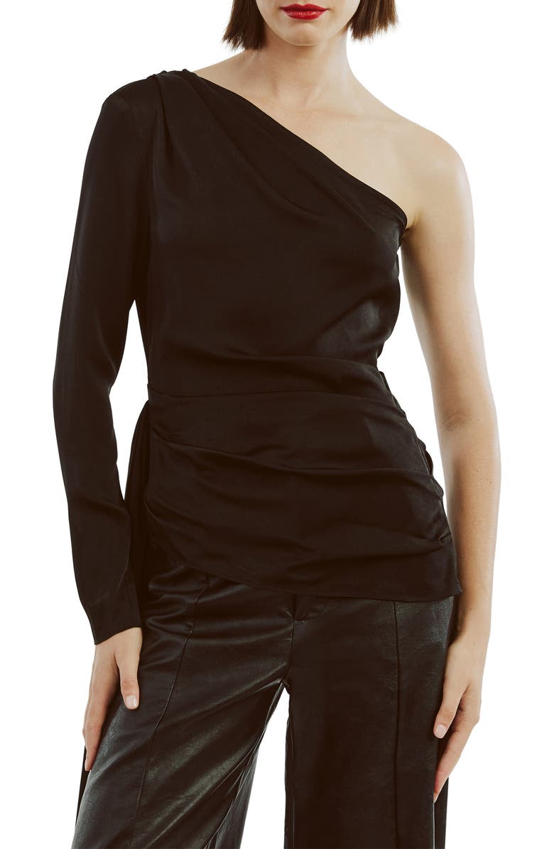 Bardot Elisabetta One-Shoulder Satin Top, Main, color, Black