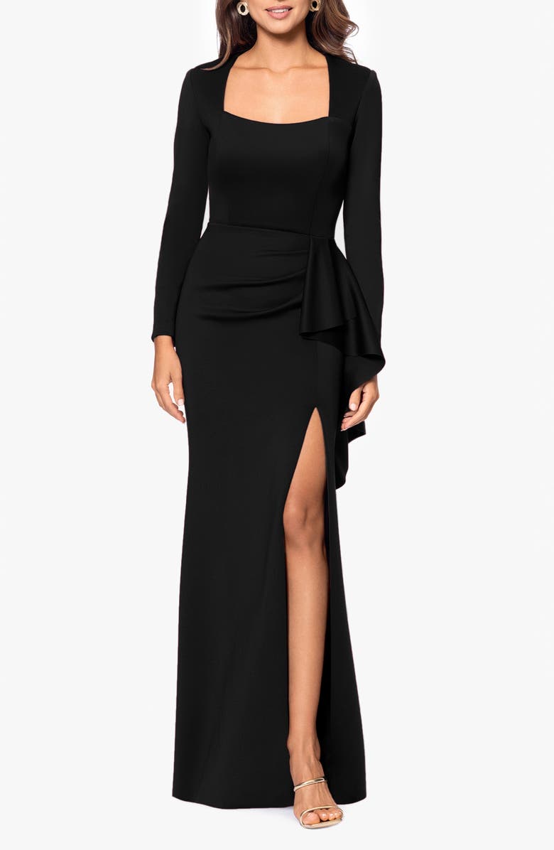 Xscape Evenings Side Ruffle Long Sleeve Scuba Knit Gown, Main, color, 