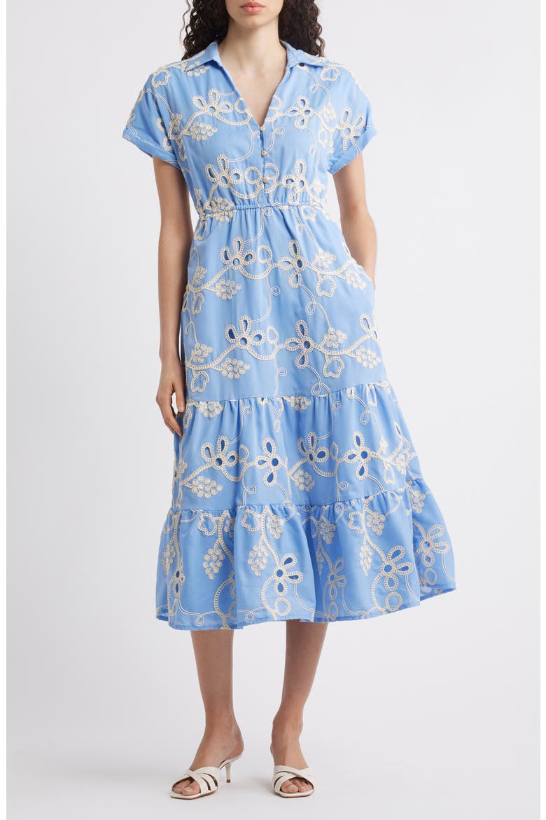 Embroidered Tiered Midi Shirtdress, Main, color, LIGHT BLUE