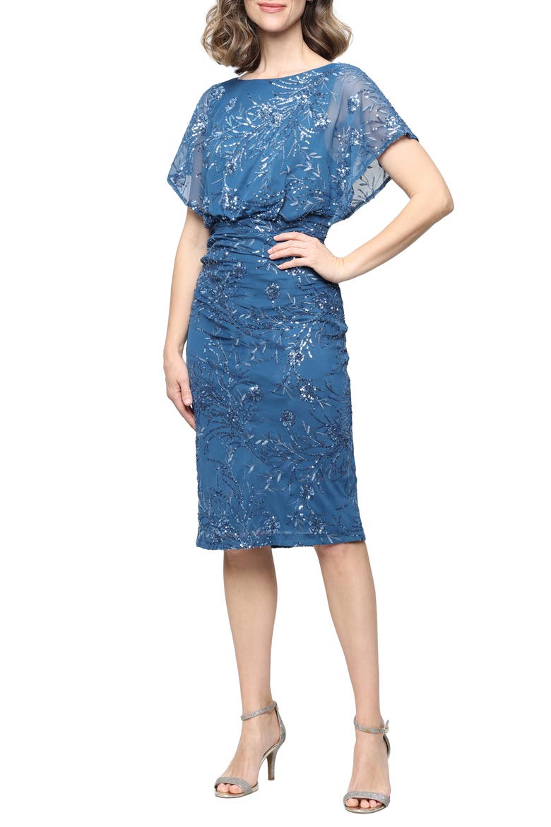 Embroidered Sequin Chiffon Cocktail Dress, Main, color, CERULEAN