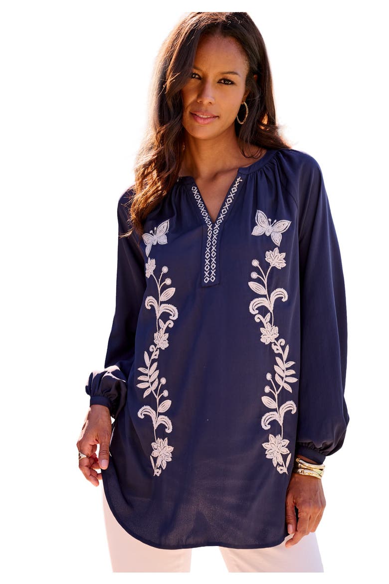 Plus Size Georgette Split Neck Blouse, Main, color, NAVY BUTTERFLY GARDEN