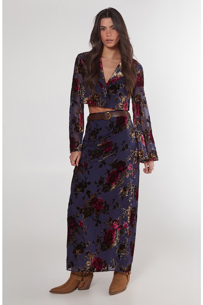 Devoré Floral Chiffon Maxi Skirt, Alternate, color, BLUE