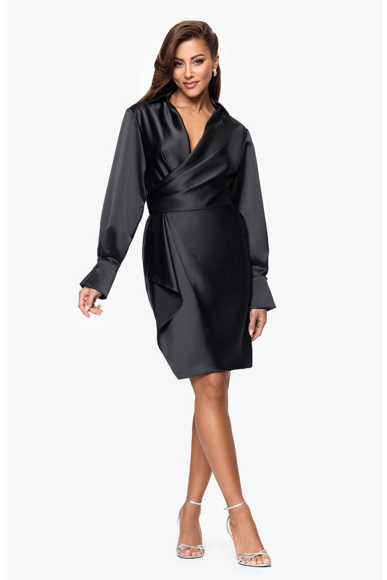 Long Sleeve Satin Wrap Cocktail Dress, Alternate, color, BLACK