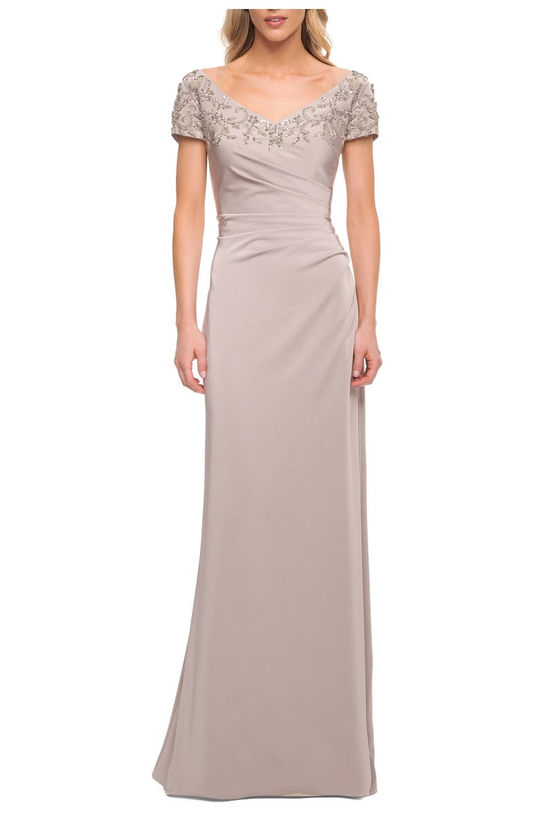La Femme Short Sleeve Evening Dress with Beaded Neckline, Main, color, Silver