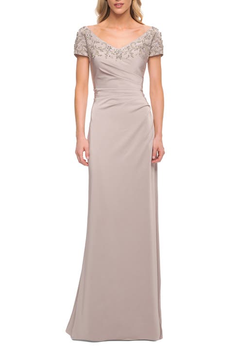 Short Sleeve Evening Dress with Beaded Neckline