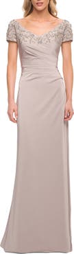 La Femme Short Sleeve Evening Dress with Beaded Neckline