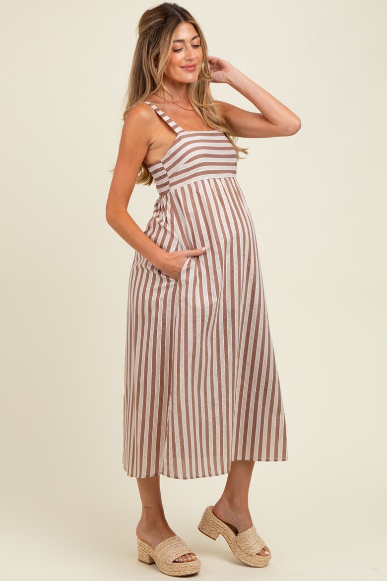 Striped Sleeveless Midi Dress, Alternate, color, Mocha