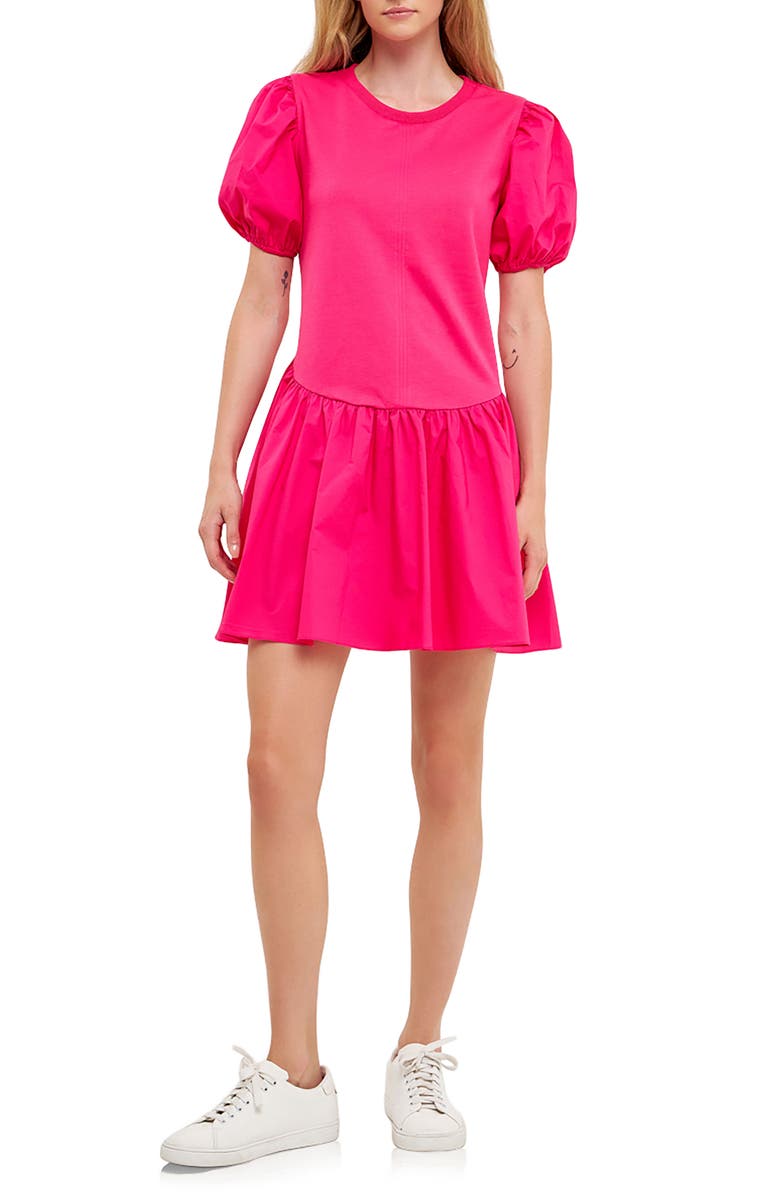 English Factory Mixed Media Puff Sleeve Minidress, Main, color, Fuchsia
