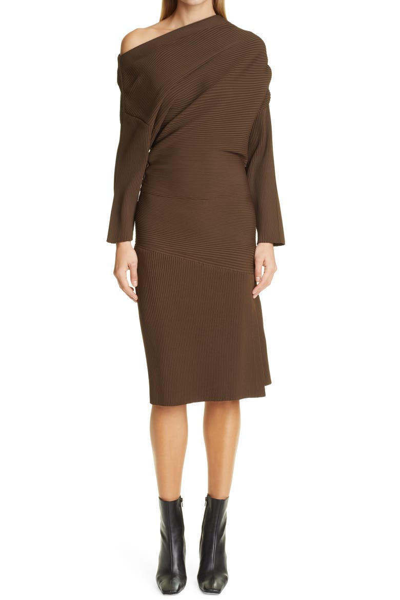 Rib One-Shoulder Long Sleeve Dress, Main, color, DARK BROWN
