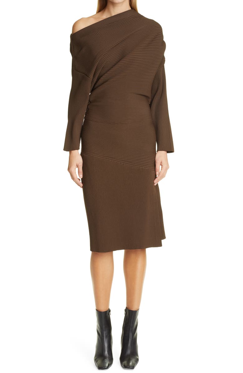 Proenza Schouler Rib One-Shoulder Long Sleeve Dress, Main, color,