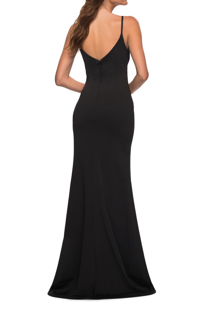 Simple Jersey Gown with V Neckline and Slit, Alternate, color, BLACK