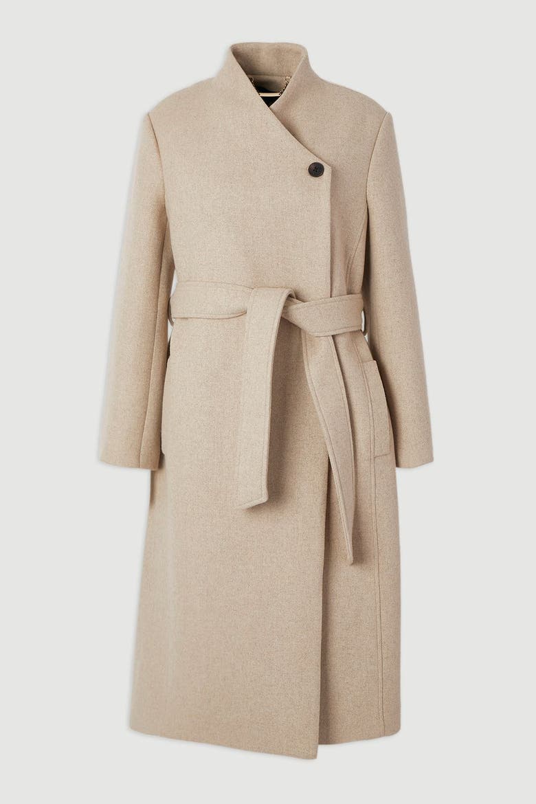 Wool Wrap Neck Tailored Belted Midi Coat, Alternate, color, Oatmeal