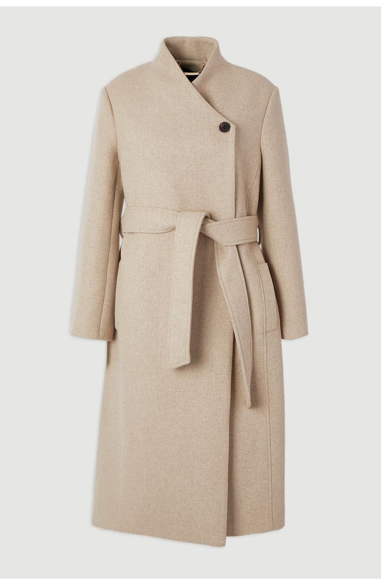 Karen Millen Wool Wrap Neck Tailored Belted Midi Coat, Alternate, color, Oatmeal