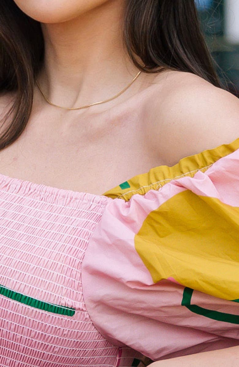 Jessie Zhao New York Valentina Abstract Smocked Pink Midi Dress, Alternate, color, 