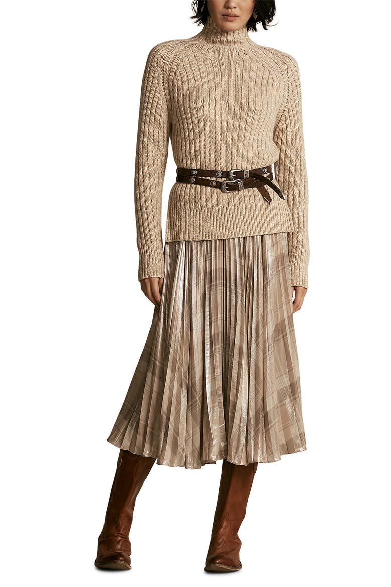 Rese Metallic Plaid Pleated Skirt, Alternate, color, TAN MULTI PLAID