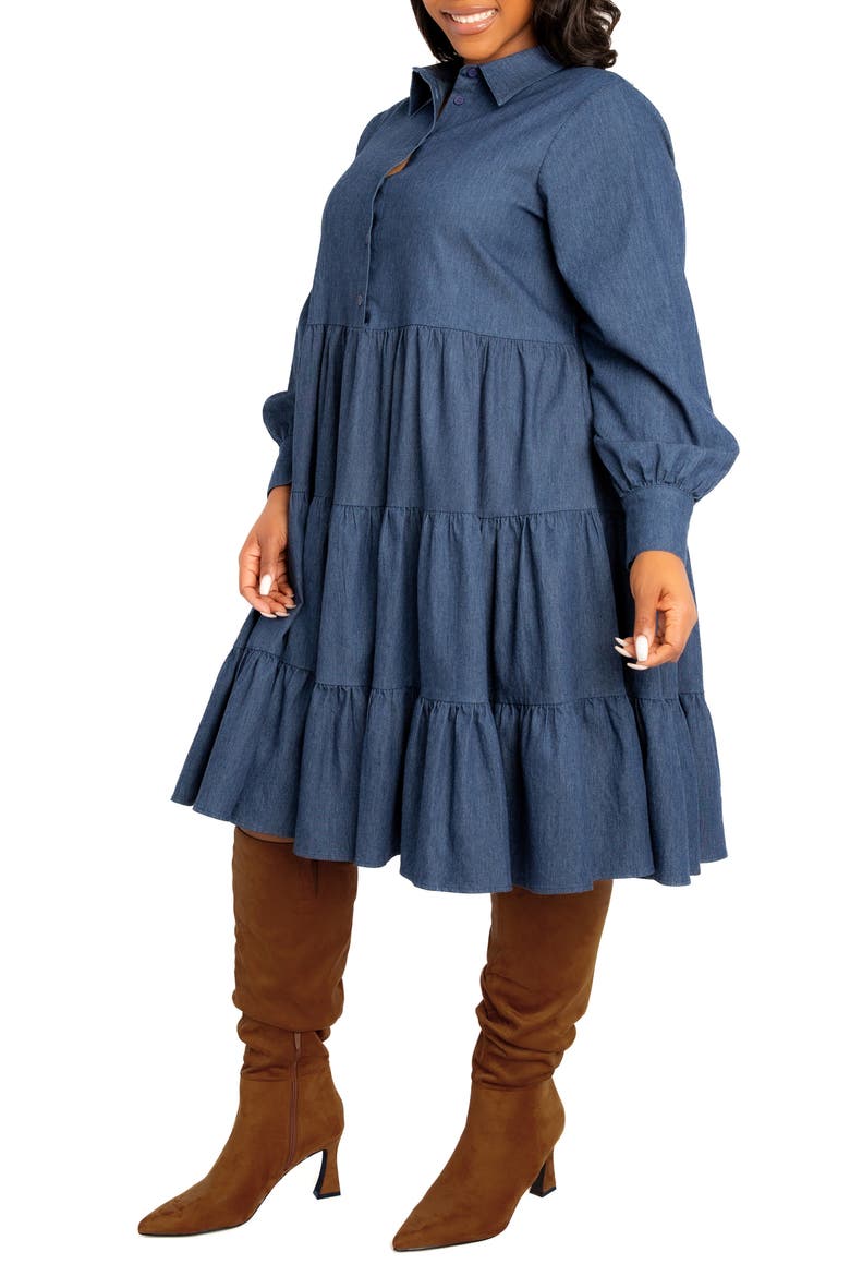 Tiered Long Sleeve Denim Dress, Alternate, color, DENIM BLUE