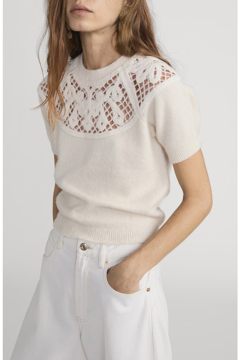 The Lace Gathered Cashmere Short Sleeve Sweater, Alternate, color, CREAM