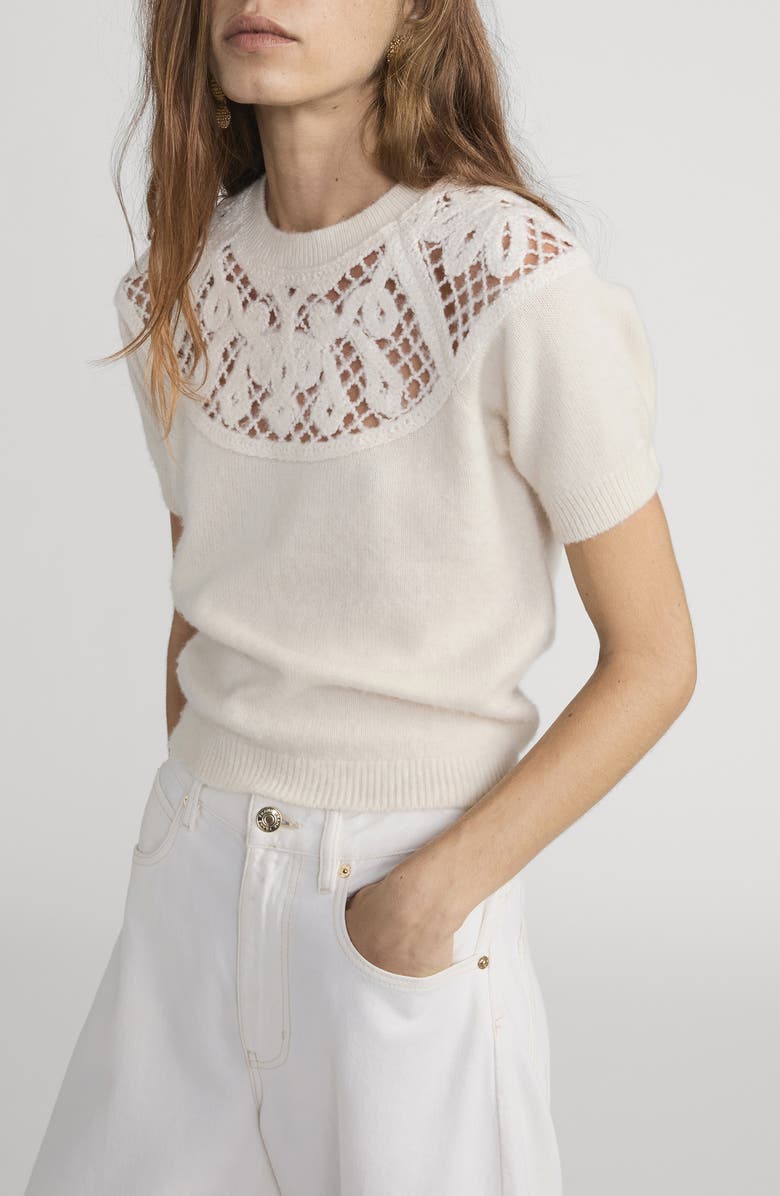 FRAME The Lace Gathered Cashmere Short Sleeve Sweater, Alternate, color, Cream