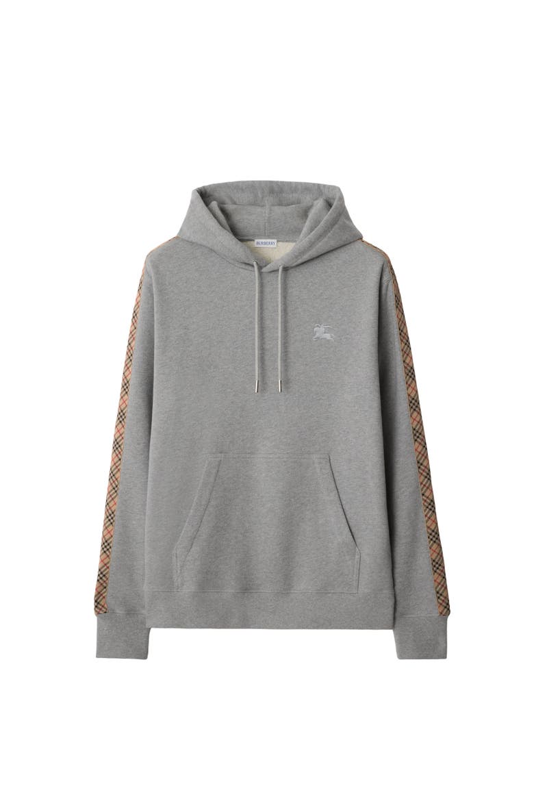 Check Trim Cotton Hoodie, Alternate, color, Pale grey melange