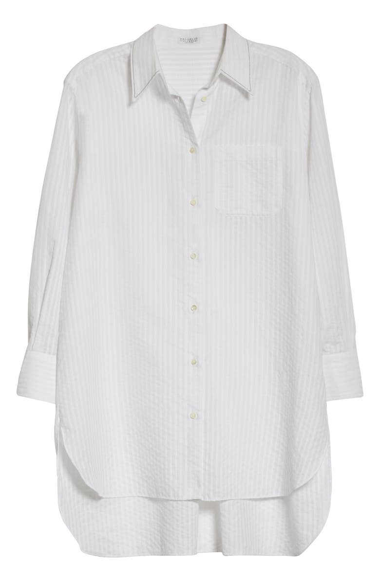 Brunello Cucinelli Seersucker Stripe High/Low Cotton Shirt, Alternate, color,