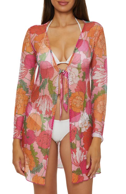 Tie Front Long Sleeve Sheer Mesh Cover-Up