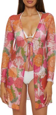 Becca Tie Front Long Sleeve Sheer Mesh Cover-Up