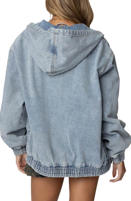 Shop Edikted Front Zip Denim Hooded Jacket In Light-blue