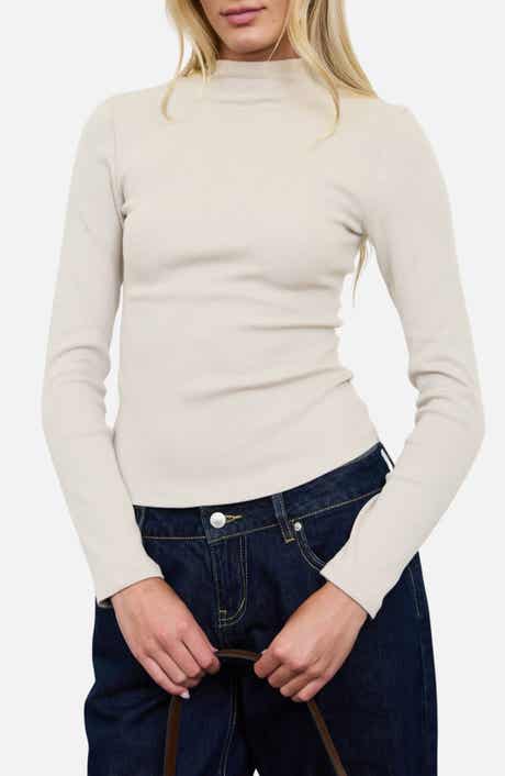 Mock Neck Long Sleeve Ribbed Knit Top