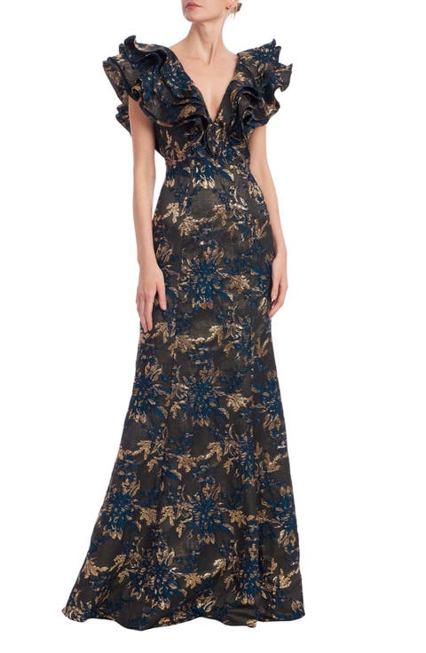 Floral Jacquard Ruffle Gown