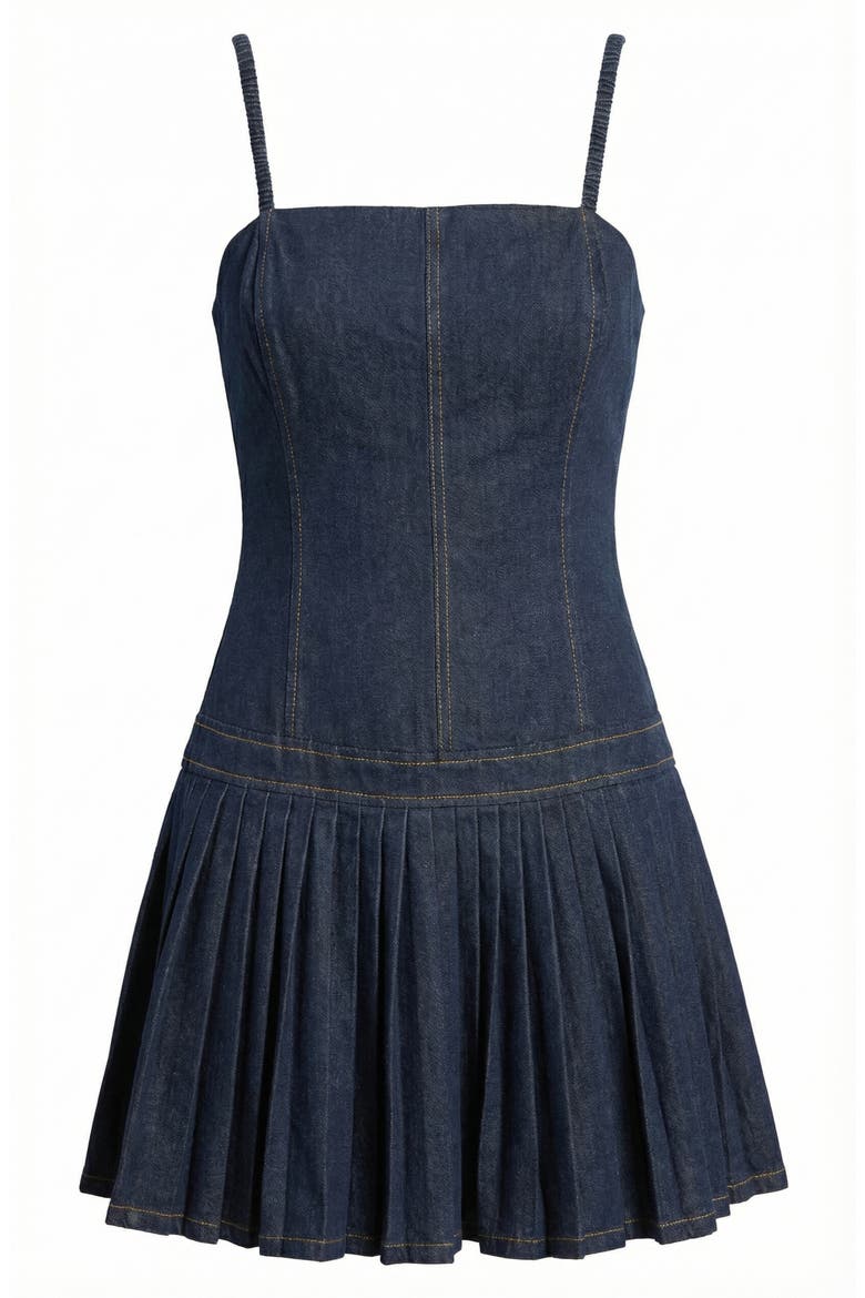 Spaghetti Strap Pleated Denim Mini Dress, Alternate, color, Dark Blue
