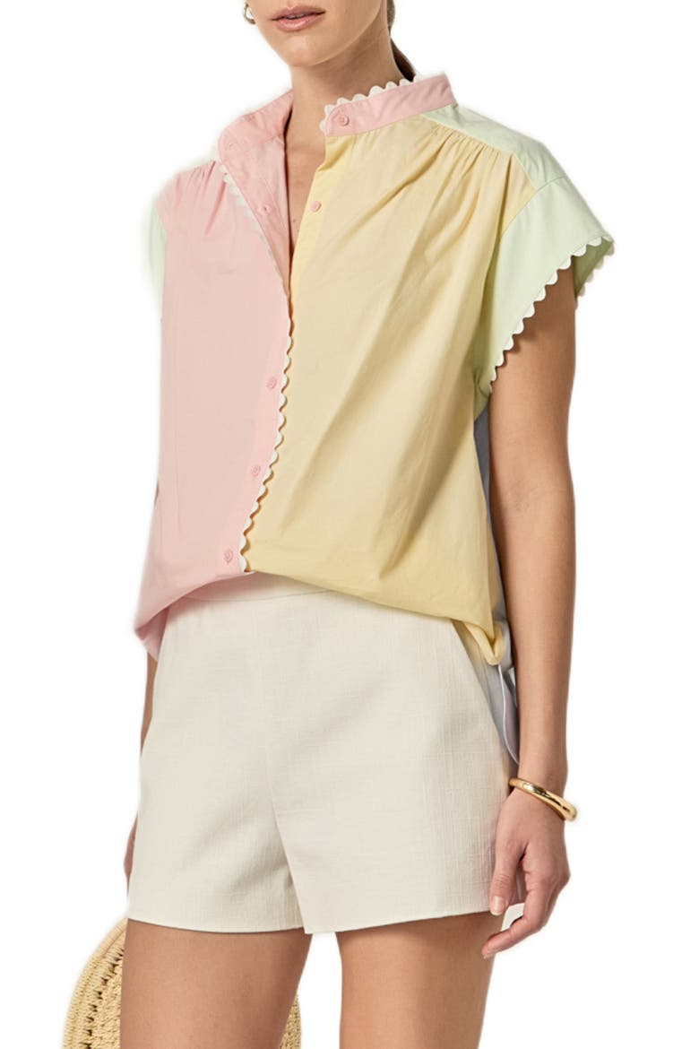 Colorblock Short Sleeve Button-Up Shirt, Alternate, color, PINK MULTI