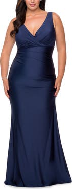 La Femme Simple Jersey Plus Size Gown with Faux Wrap Bodice