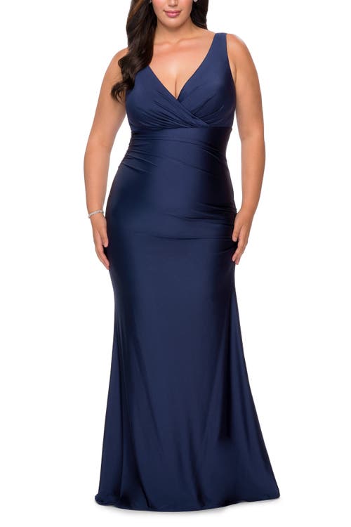 La Femme Simple Jersey Plus Size Gown With Faux Wrap Bodice In Navy