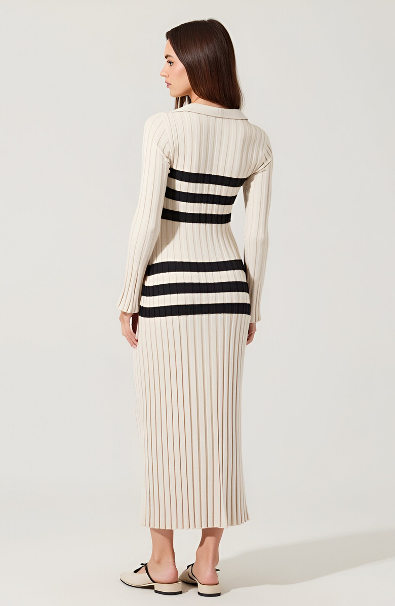 Modenaire Striped Ribbed Knit Midi Dress with Collar and Long Sleeves, Alternate, color, 