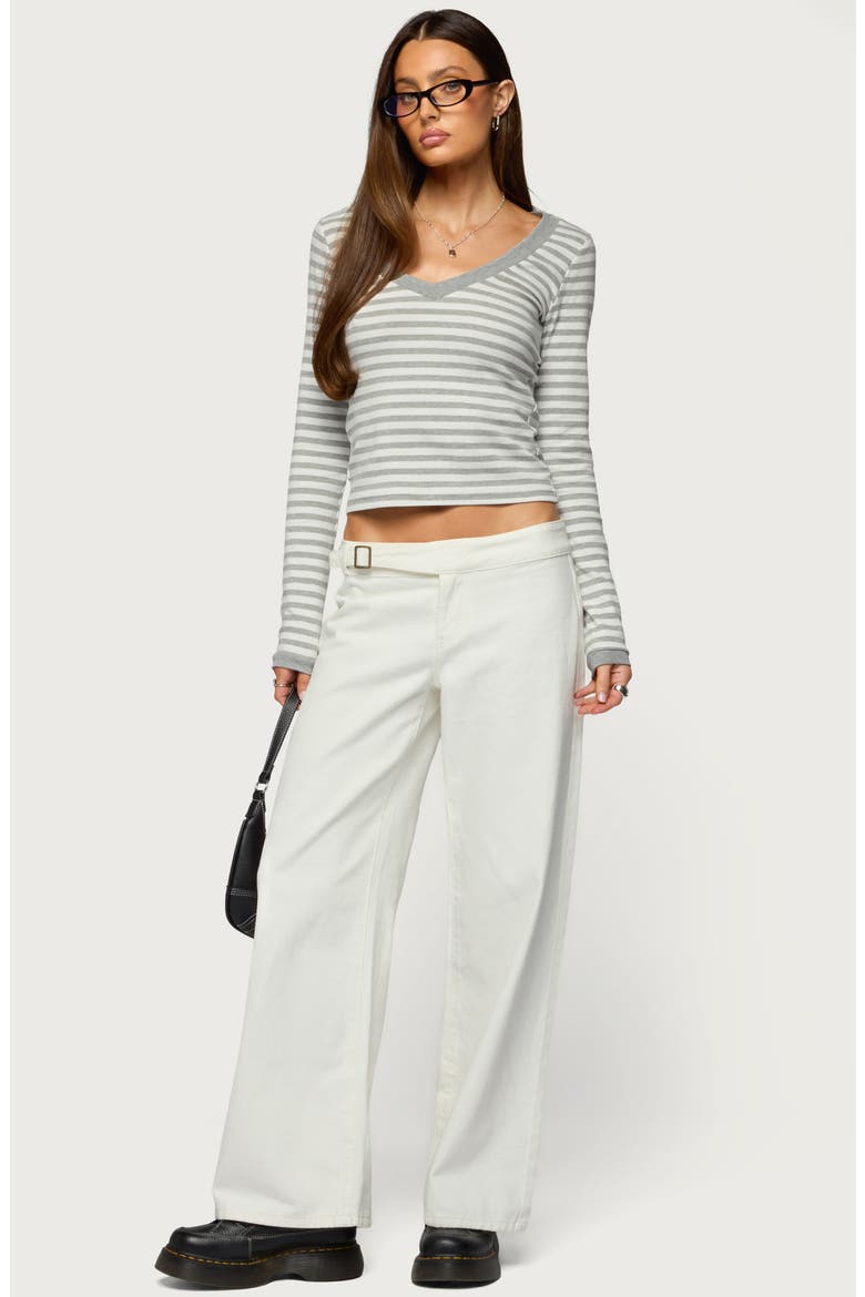 Kimi Stripe V-Neck Long Sleeve Crop Top, Alternate, color, GRAY-AND-WHITE